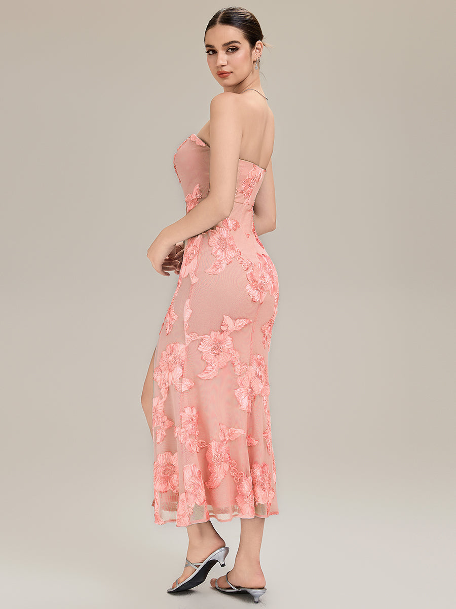 Thigh-High Slit Mesh Sleeveless Evening Dress #color_Pink