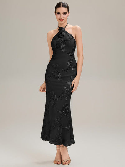 Floral Mesh Sleeveless Evening Dress #color_Black