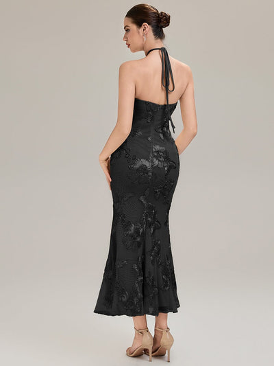 Floral Mesh Sleeveless Evening Dress #color_Black