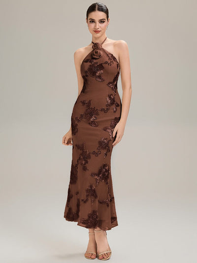 Floral Mesh Sleeveless Evening Dress #color_Brown