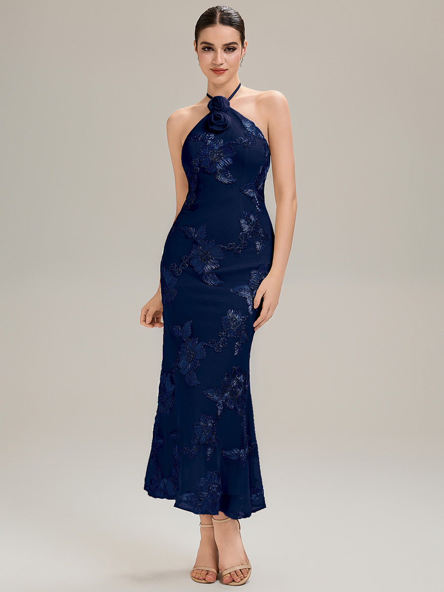 Floral Mesh Sleeveless Evening Dress #color_Navy Blue