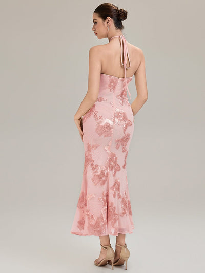 Floral Mesh Sleeveless Evening Dress #color_Pink
