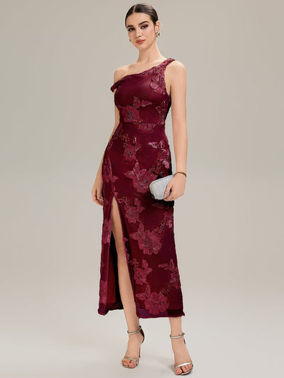 Flowing Ribbons Mesh Sleeveless Evening Dress #color_Burgundy