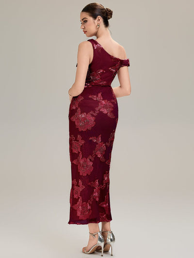 Flowing Ribbons Mesh Sleeveless Evening Dress #color_Burgundy