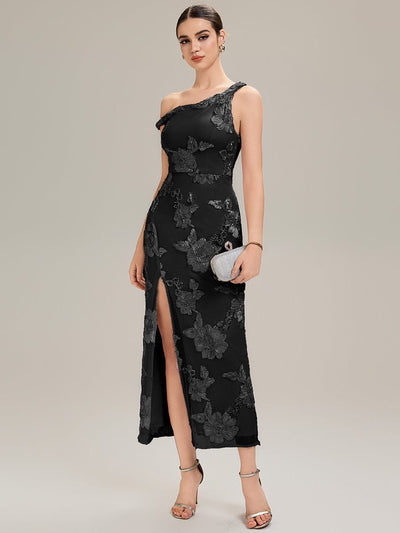 Flowing Ribbons Mesh Sleeveless Evening Dress #color_Black