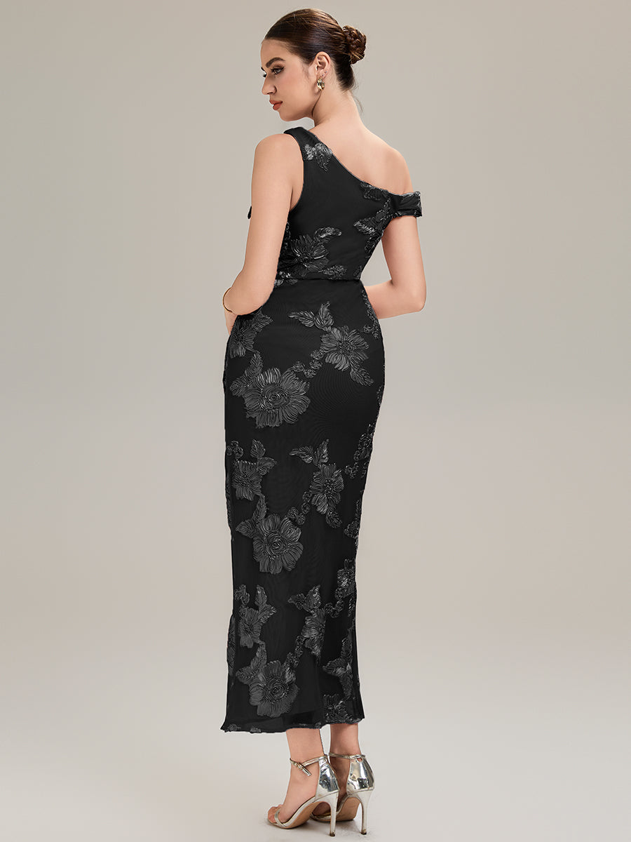 Flowing Ribbons Mesh Sleeveless Evening Dress #color_Black