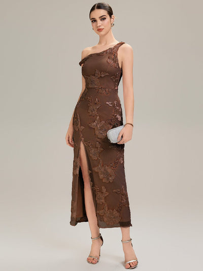 Flowing Ribbons Mesh Sleeveless Evening Dress #color_Brown