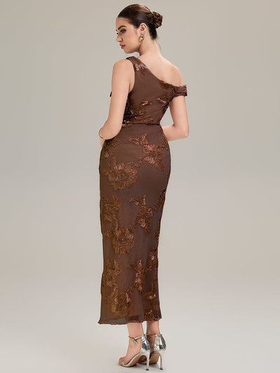 Flowing Ribbons Mesh Sleeveless Evening Dress #color_Brown