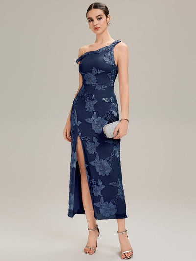 Flowing Ribbons Mesh Sleeveless Evening Dress #color_Navy Blue