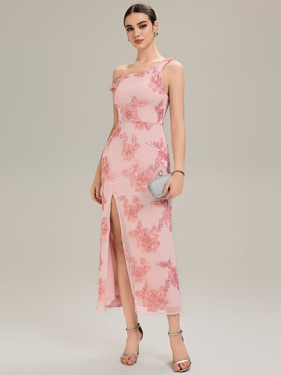 Flowing Ribbons Mesh Sleeveless Evening Dress #color_Pink