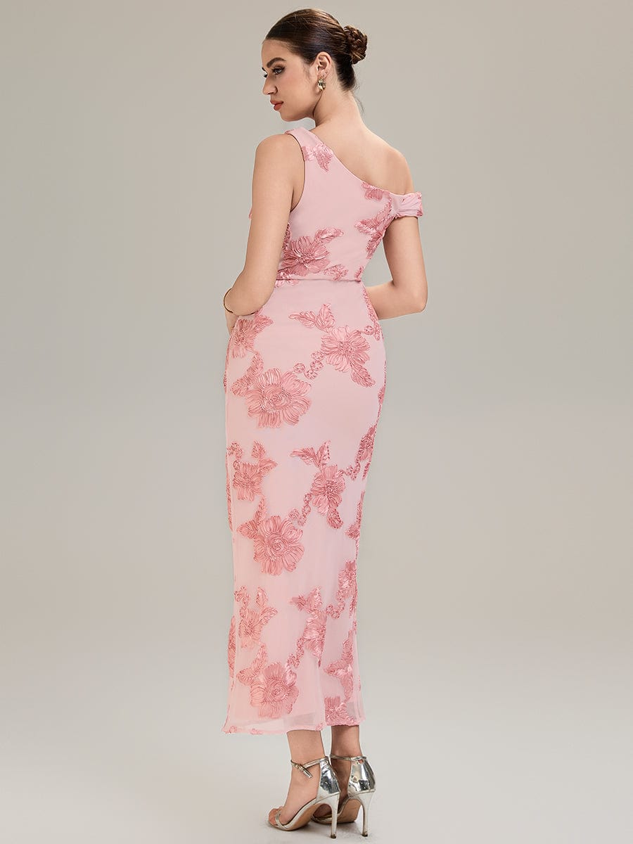 Flowing Ribbons Mesh Sleeveless Evening Dress #color_Pink