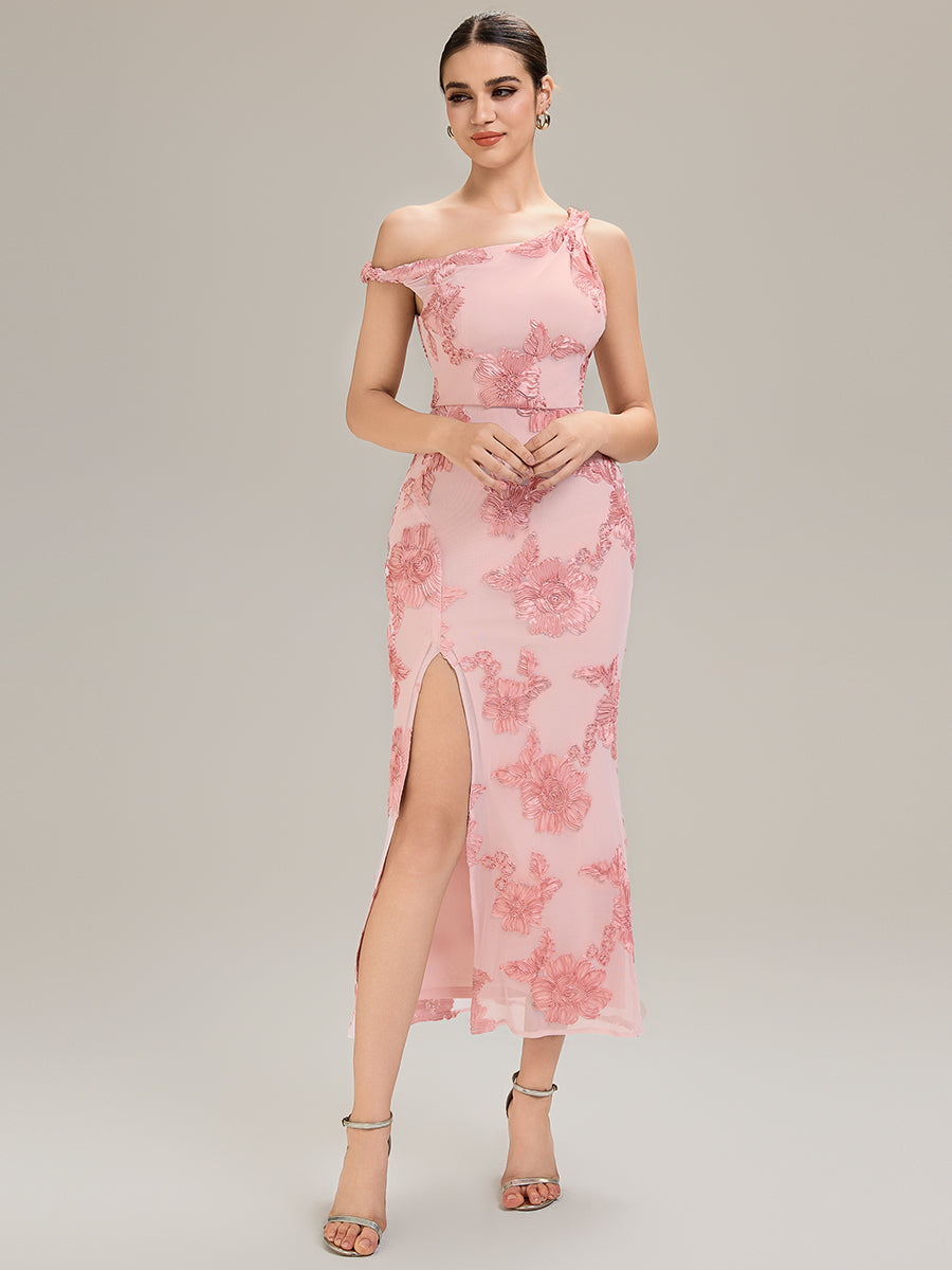 Flowing Ribbons Mesh Sleeveless Evening Dress #color_Pink