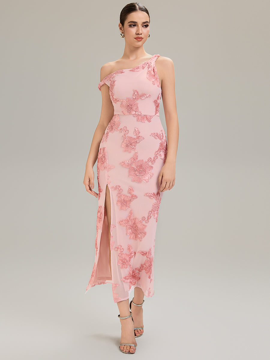 Flowing Ribbons Mesh Sleeveless Evening Dress #color_Pink