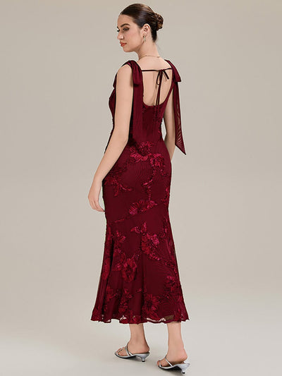 Flowing Ribbons Mesh Sleeveless Evening Dress #color_Burgundy