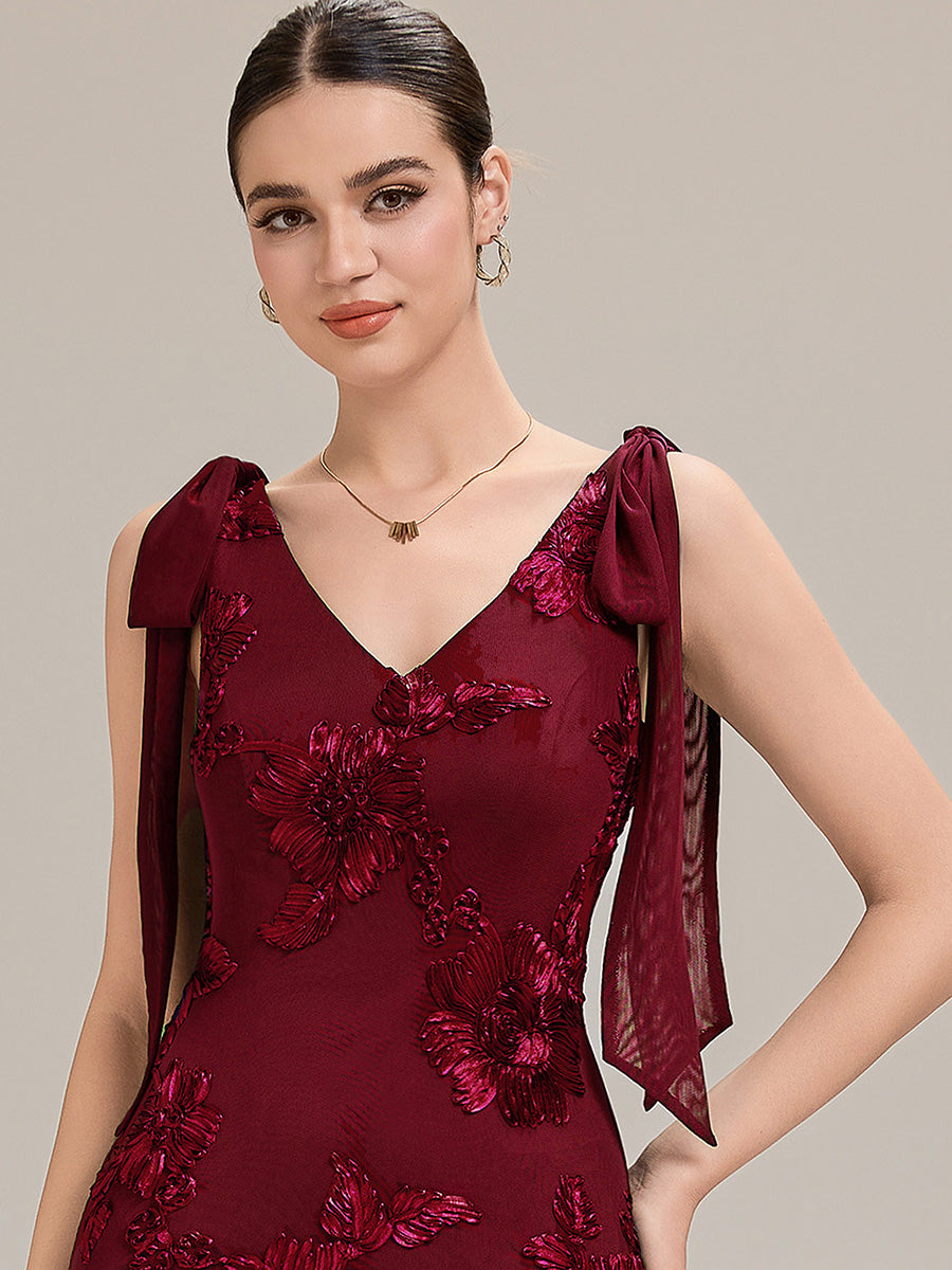 Flowing Ribbons Mesh Sleeveless Evening Dress #color_Burgundy