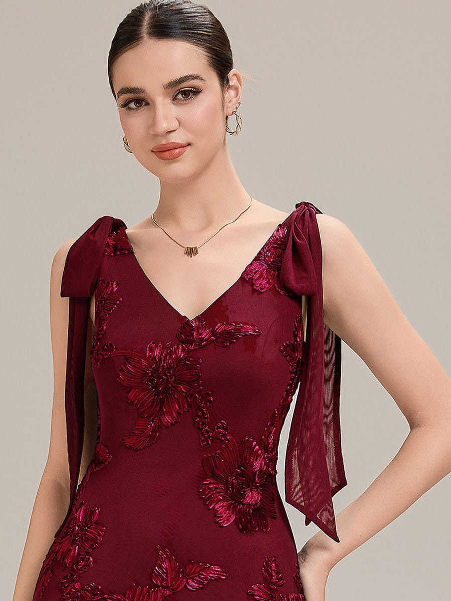 Flowing Ribbons Mesh Sleeveless Evening Dress #color_Burgundy