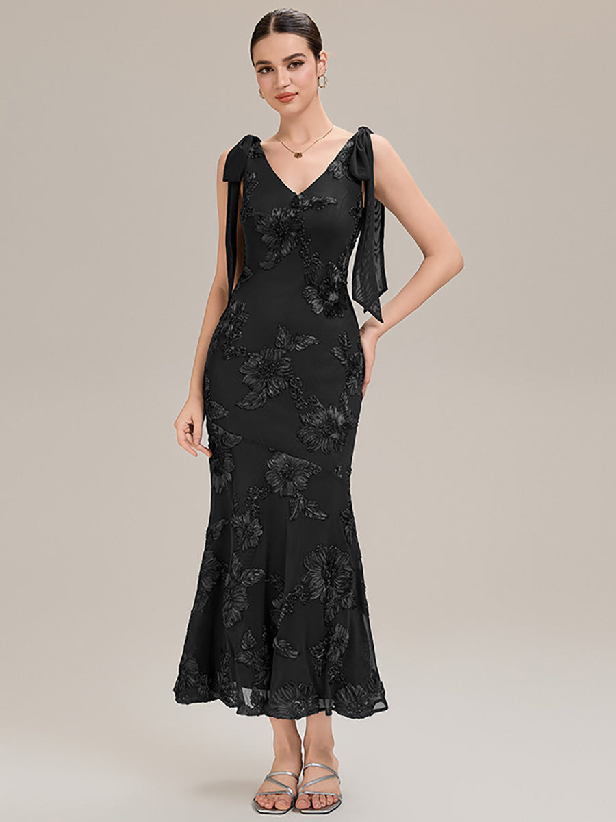 Flowing Ribbons Mesh Sleeveless Evening Dress #color_Black