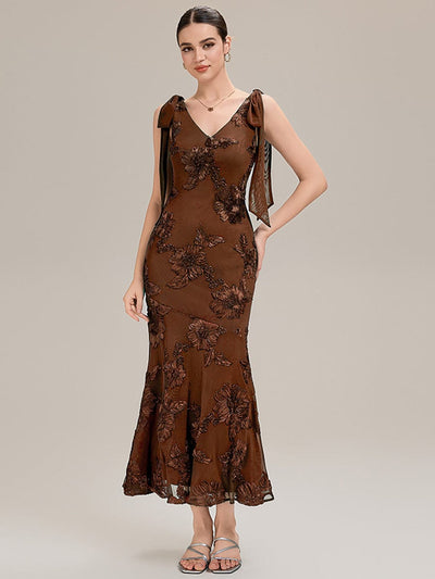 Flowing Ribbons Mesh Sleeveless Evening Dress #color_Brown