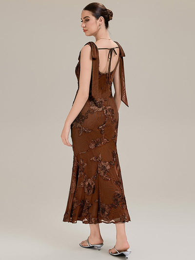 Flowing Ribbons Mesh Sleeveless Evening Dress #color_Brown