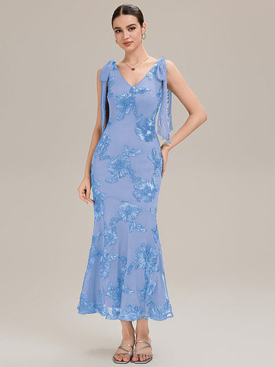 Flowing Ribbons Mesh Sleeveless Evening Dress #color_Ice Blue