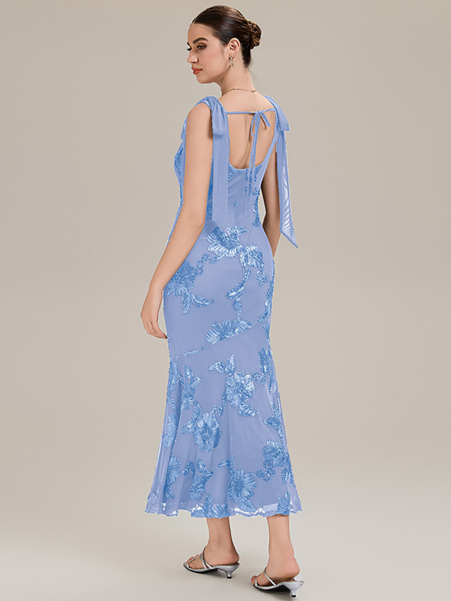 Flowing Ribbons Mesh Sleeveless Evening Dress #color_Ice Blue
