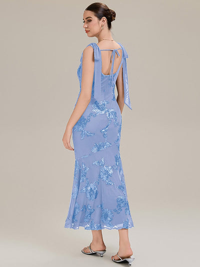 Flowing Ribbons Mesh Sleeveless Evening Dress #color_Ice Blue