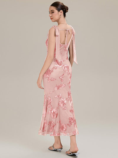 Flowing Ribbons Mesh Sleeveless Evening Dress #color_Pink