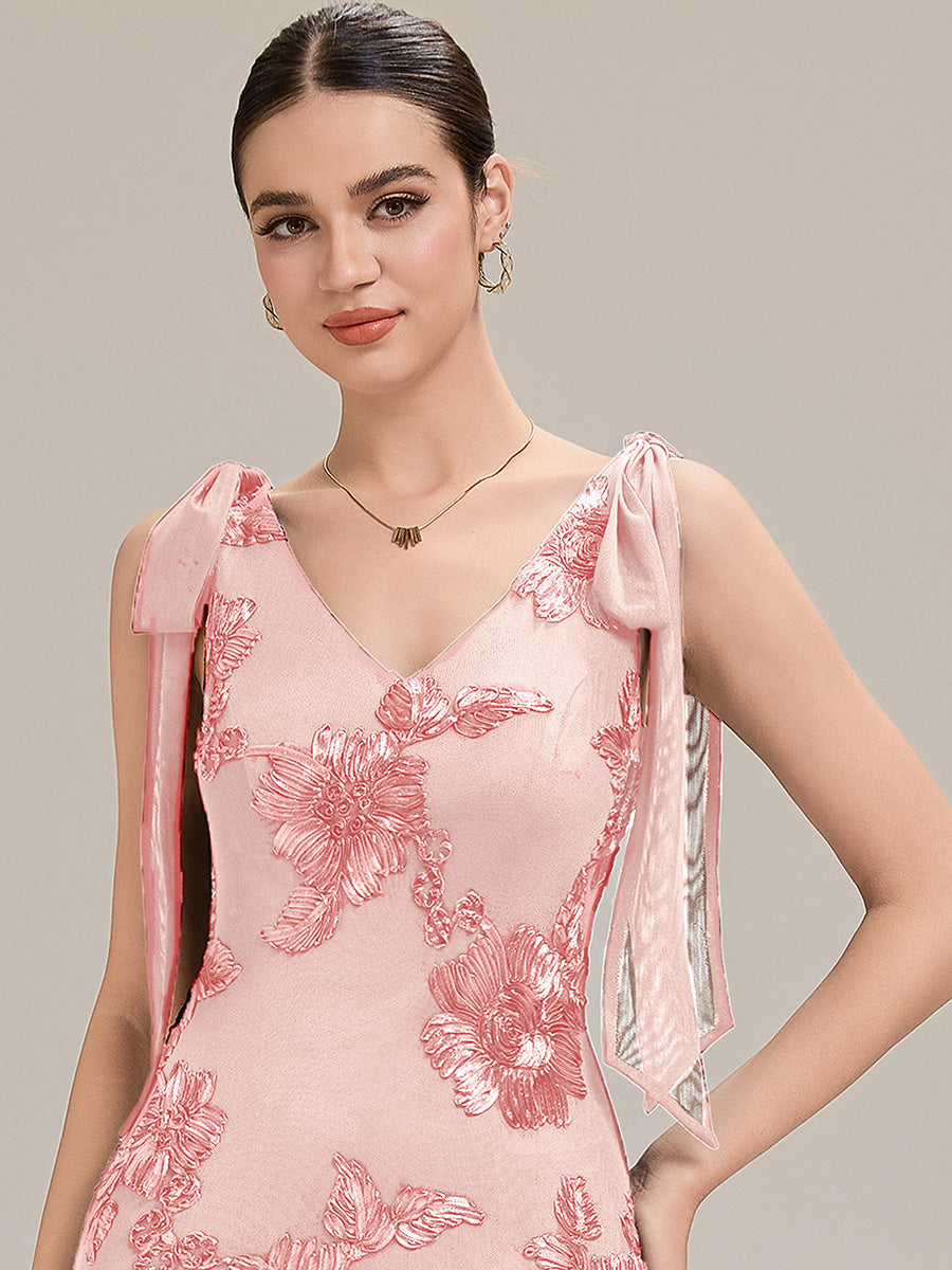 Flowing Ribbons Mesh Sleeveless Evening Dress #color_Pink