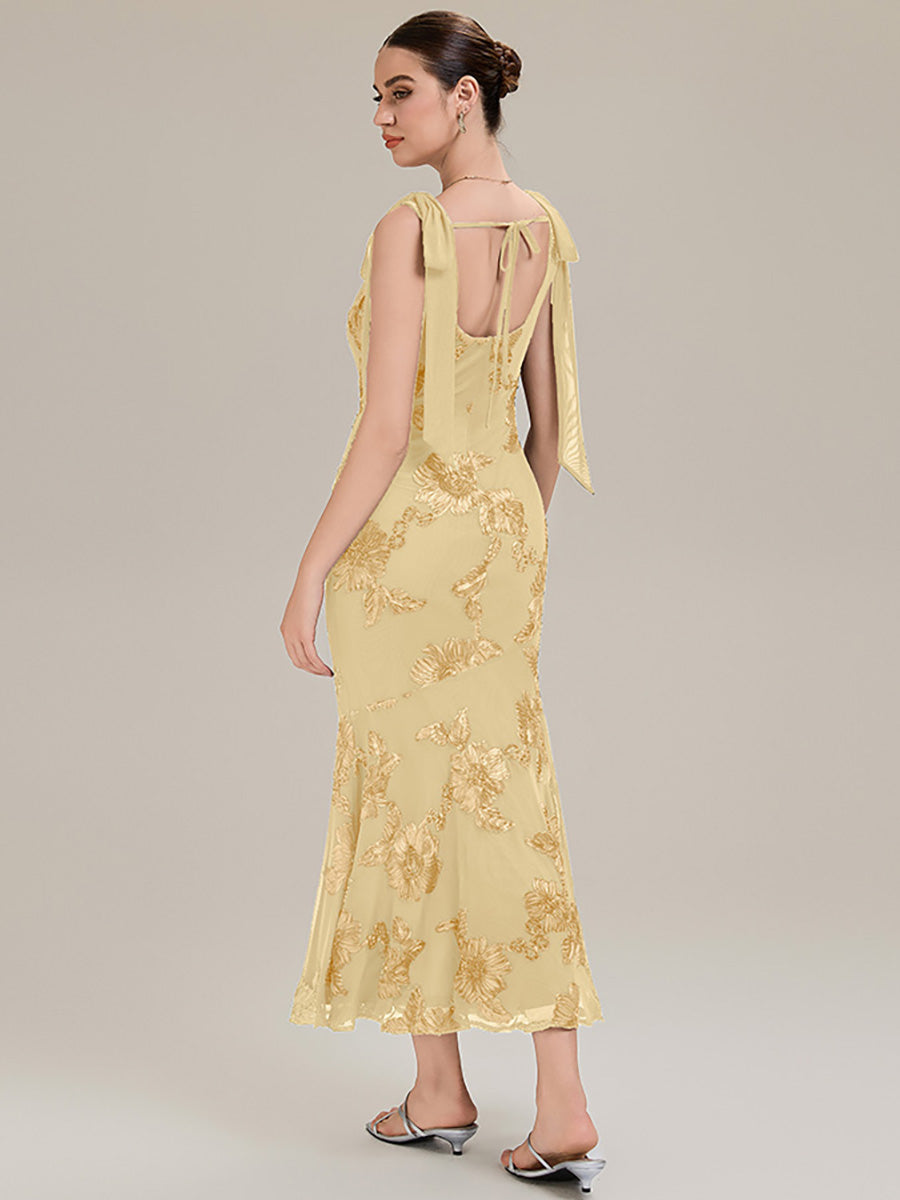 Flowing Ribbons Mesh Sleeveless Evening Dress #color_Yellow