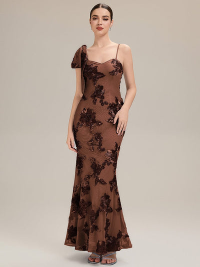 Jacquard Knit Sleeveless Evening Dress #color_Brown