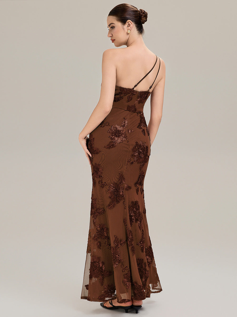 Floral Mesh Sleeveless Evening Dress #color_Brown