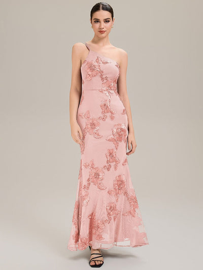 Floral Mesh Sleeveless Evening Dress #color_Pink