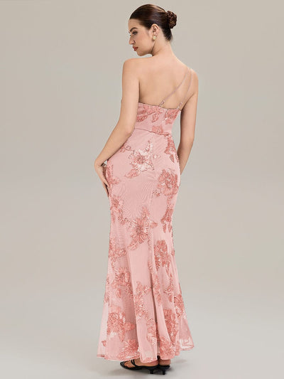 Floral Mesh Sleeveless Evening Dress #color_Pink