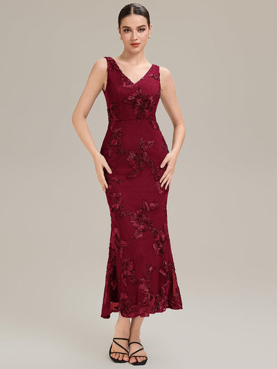 Floral Mesh Sleeveless Evening Dress #color_Burgundy