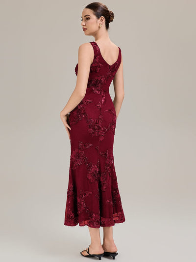 Floral Mesh Sleeveless Evening Dress #color_Burgundy