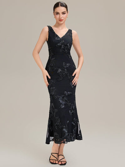 Floral Mesh Sleeveless Evening Dress #color_Black