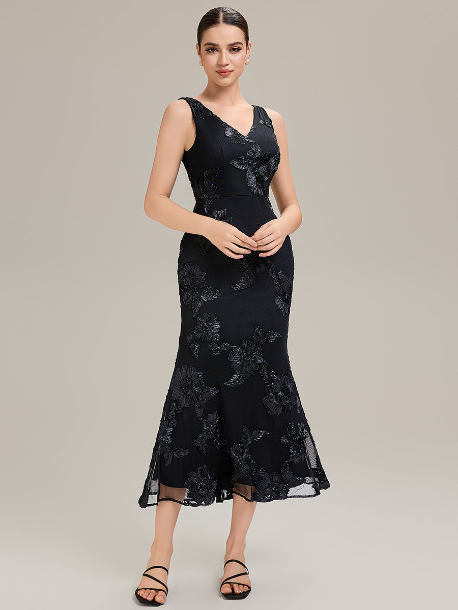 Floral Mesh Sleeveless Evening Dress #color_Black