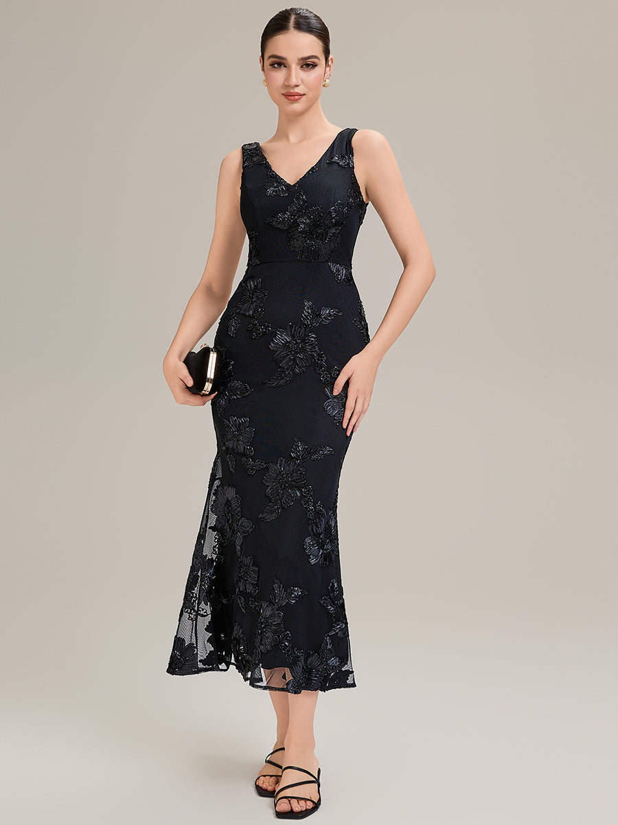 Floral Mesh Sleeveless Evening Dress #color_Black