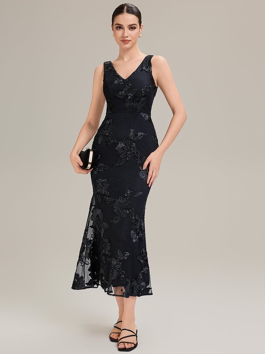 Floral Mesh Sleeveless Evening Dress #color_Black