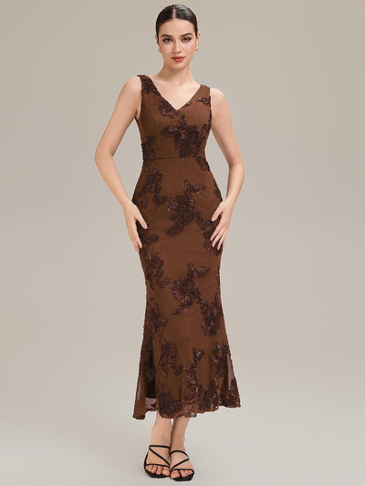 Floral Mesh Sleeveless Evening Dress #color_Brown