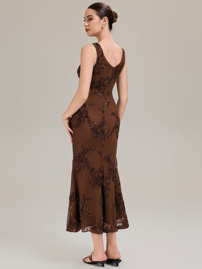 Floral Mesh Sleeveless Evening Dress #color_Brown