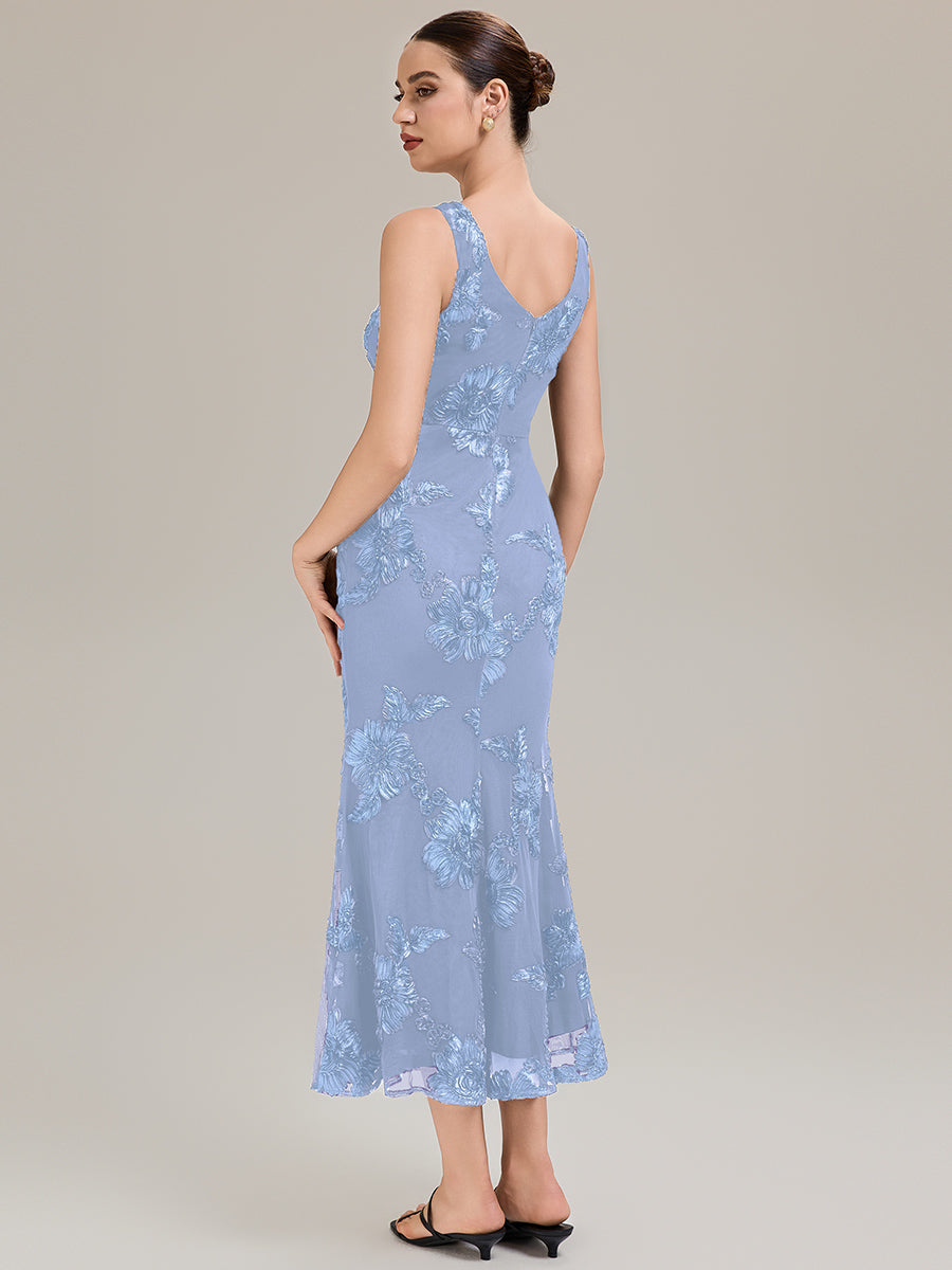 Deep V-Neck Knit Sleeveless Evening Dress #color_Ice Blue
