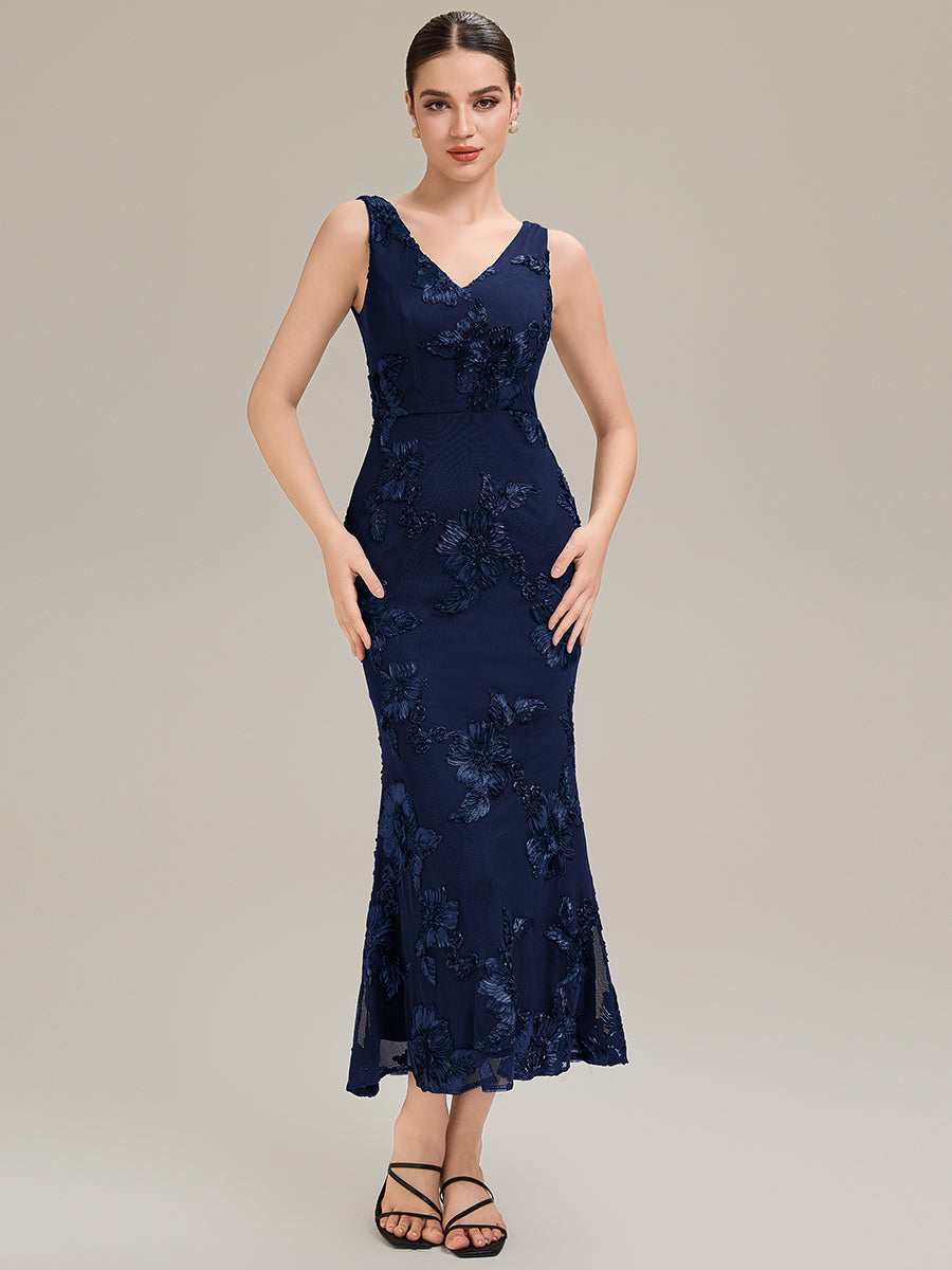Deep V-Neck Knit Sleeveless Evening Dress #color_Navy Blue