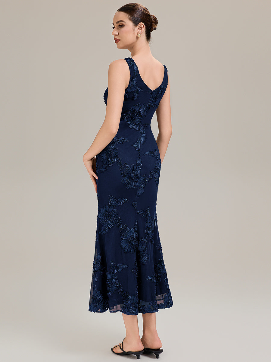 Deep V-Neck Knit Sleeveless Evening Dress #color_Navy Blue