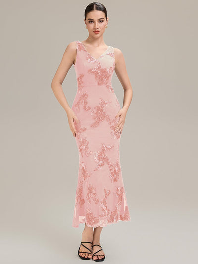 Deep V-Neck Knit Sleeveless Evening Dress #color_Pink
