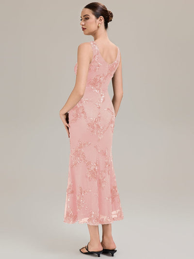 Deep V-Neck Knit Sleeveless Evening Dress #color_Pink