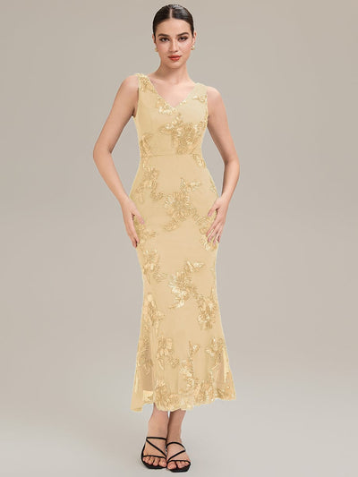 Deep V-Neck Knit Sleeveless Evening Dress #color_Yellow