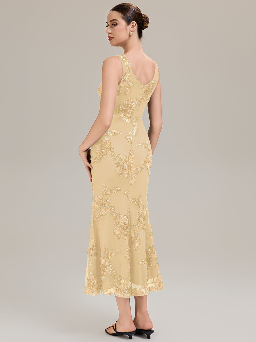 Deep V-Neck Knit Sleeveless Evening Dress #color_Yellow