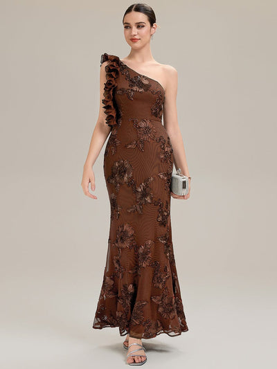 Jacquard Knit Sleeveless Evening Dress #color_Brown