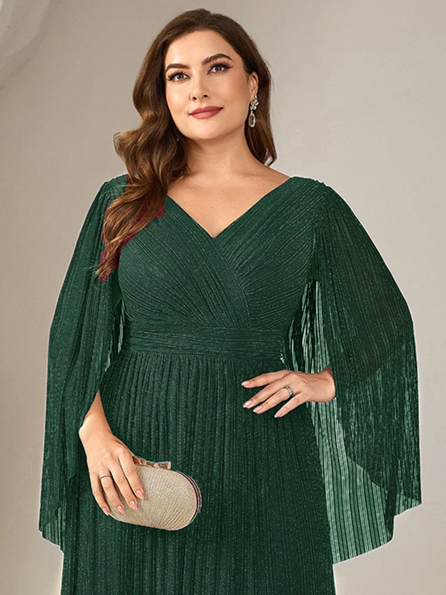 Deep V-Neck Mesh Batwing Sleeve Evening Dress #color_Dark Green